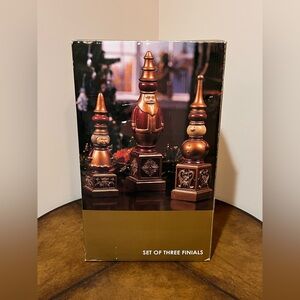 NEW IN BOX KIRKLAND’S SET OF THREE FESTIVE HOLIDAY FINIALS WITH ANTIQUE FINISH